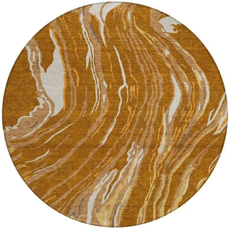 8' Brown Gold And Copper Round Abstract Washable Indoor Outdoor Area Rug