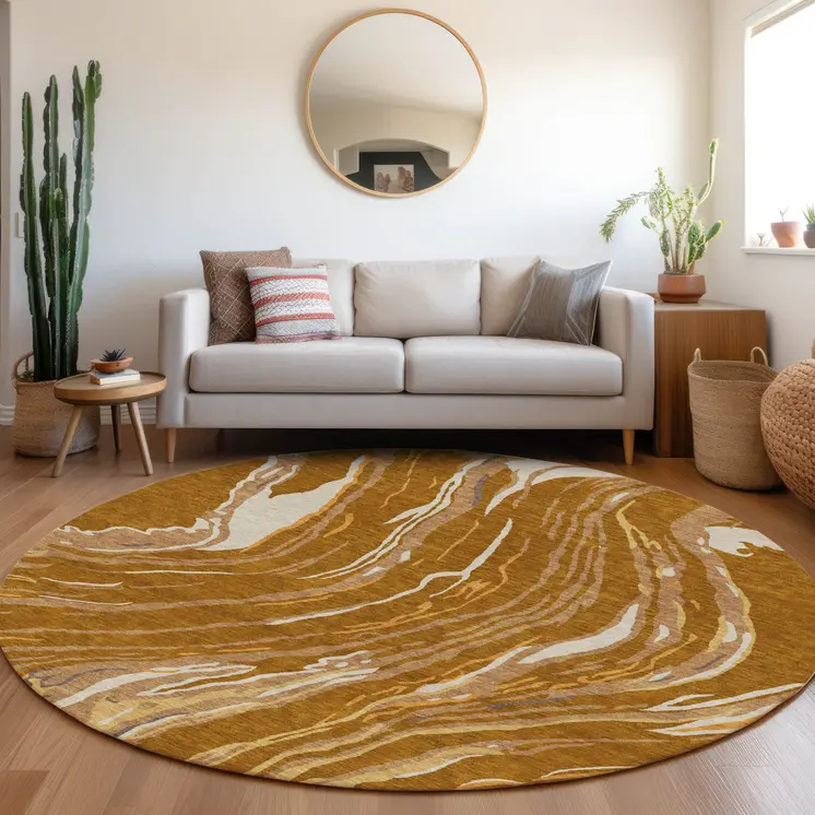 8' Brown Gold And Copper Round Abstract Washable Indoor Outdoor Area Rug