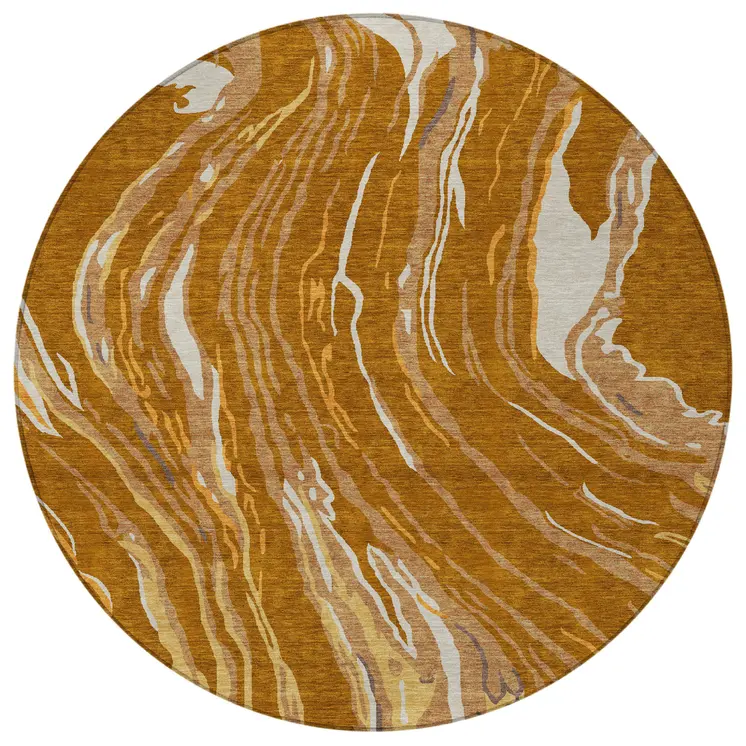 8' Brown Gold And Copper Round Abstract Washable Indoor Outdoor Area Rug