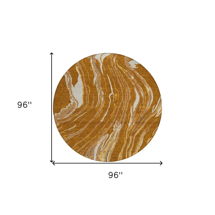 8' Brown Gold And Copper Round Abstract Washable Indoor Outdoor Area Rug