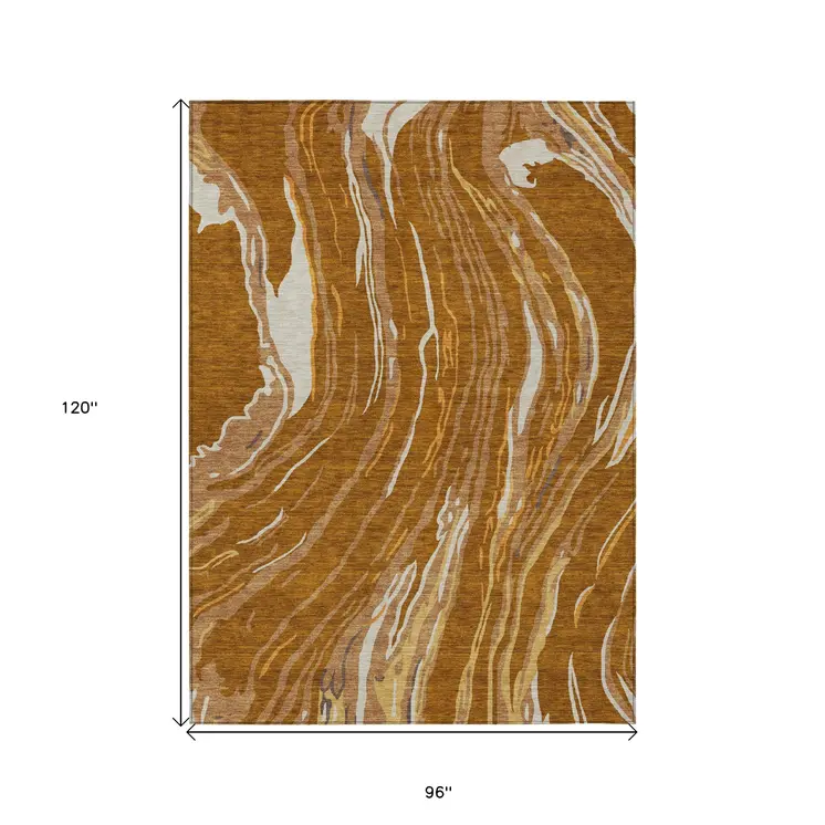 8' X 10' Brown Gold And Copper Abstract Washable Indoor Outdoor Area Rug