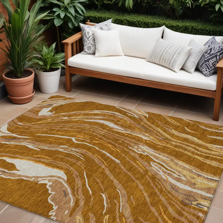 8' X 10' Brown Gold And Copper Abstract Washable Indoor Outdoor Area Rug