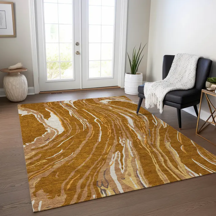 8' X 10' Brown Gold And Copper Abstract Washable Indoor Outdoor Area Rug