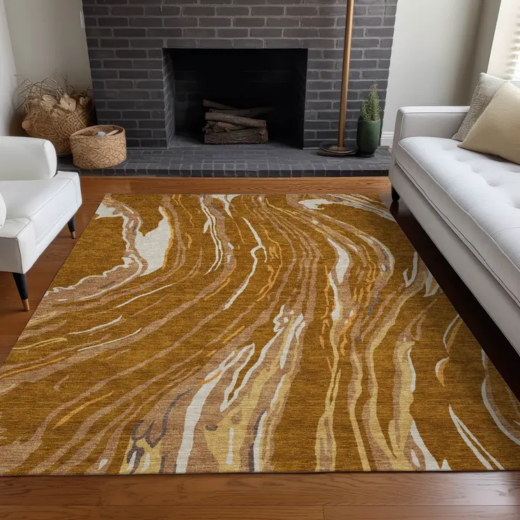 10' X 14' Brown Gold And Copper Abstract Washable Indoor Outdoor Area Rug