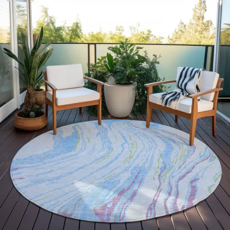 8' Sky Blue Purple And Green Round Abstract Washable Indoor Outdoor Area Rug