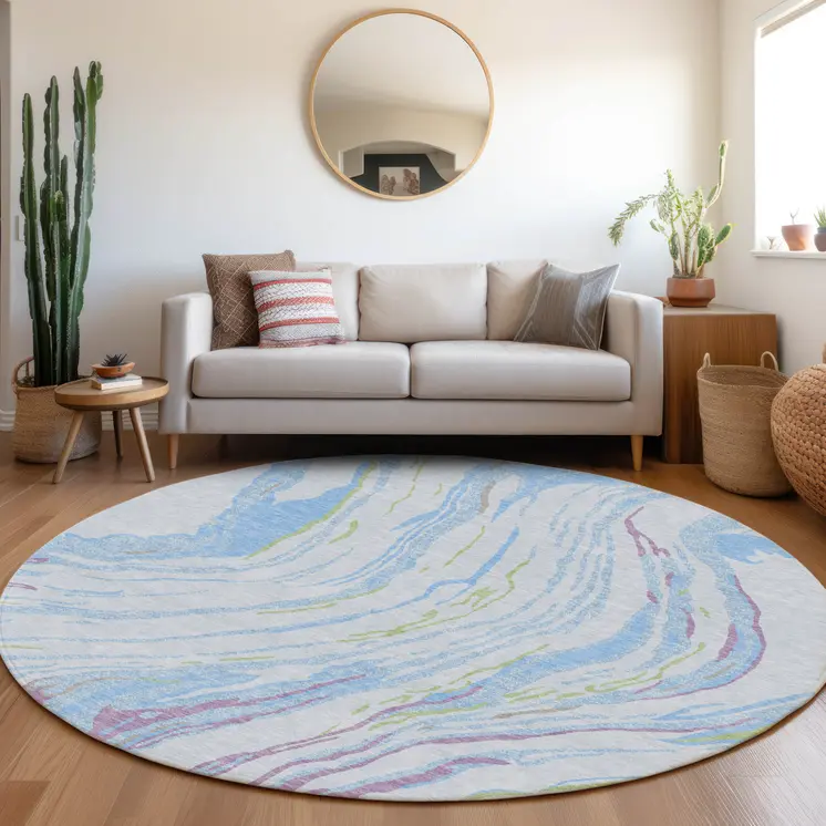 8' Sky Blue Purple And Green Round Abstract Washable Indoor Outdoor Area Rug