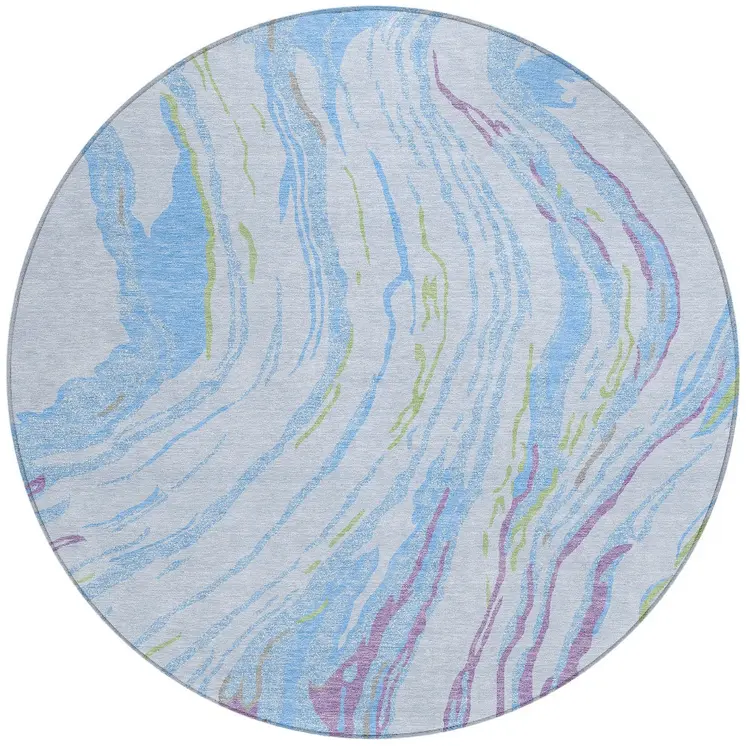 8' Sky Blue Purple And Green Round Abstract Washable Indoor Outdoor Area Rug