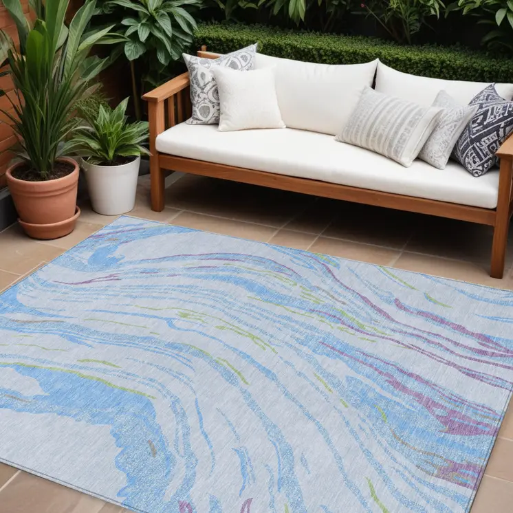8' X 10' Sky Blue Purple And Green Abstract Washable Indoor Outdoor Area Rug