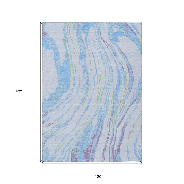 10' X 14' Sky Blue Purple And Green Abstract Washable Indoor Outdoor Area Rug