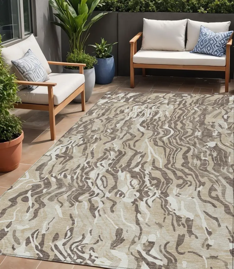 5' X 8' Beige Brown And Ivory Abstract Washable Indoor Outdoor Area Rug