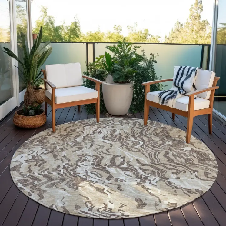 8' Beige Brown And Ivory Round Abstract Washable Indoor Outdoor Area Rug