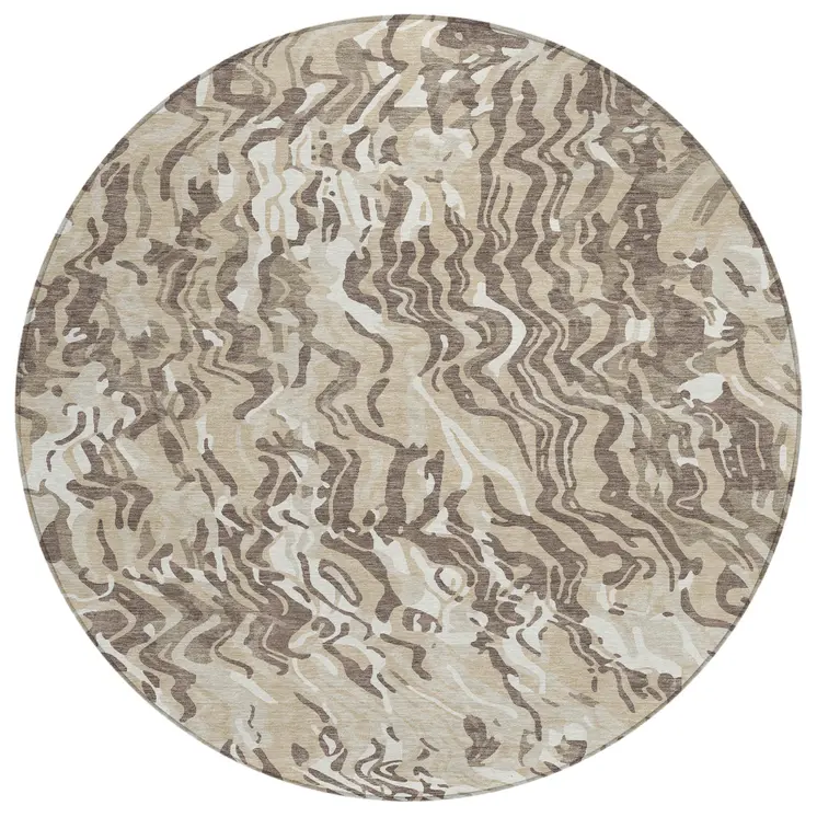 8' Beige Brown And Ivory Round Abstract Washable Indoor Outdoor Area Rug