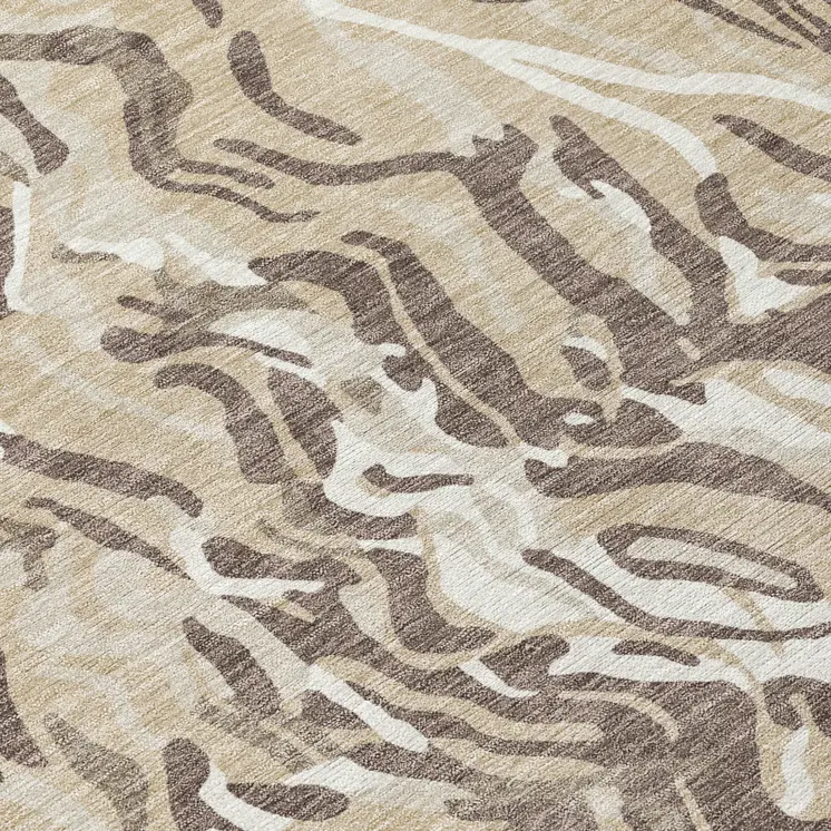 8' Beige Brown And Ivory Round Abstract Washable Indoor Outdoor Area Rug
