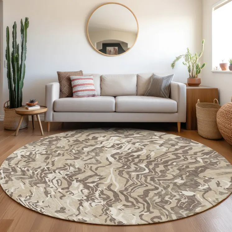 8' Beige Brown And Ivory Round Abstract Washable Indoor Outdoor Area Rug