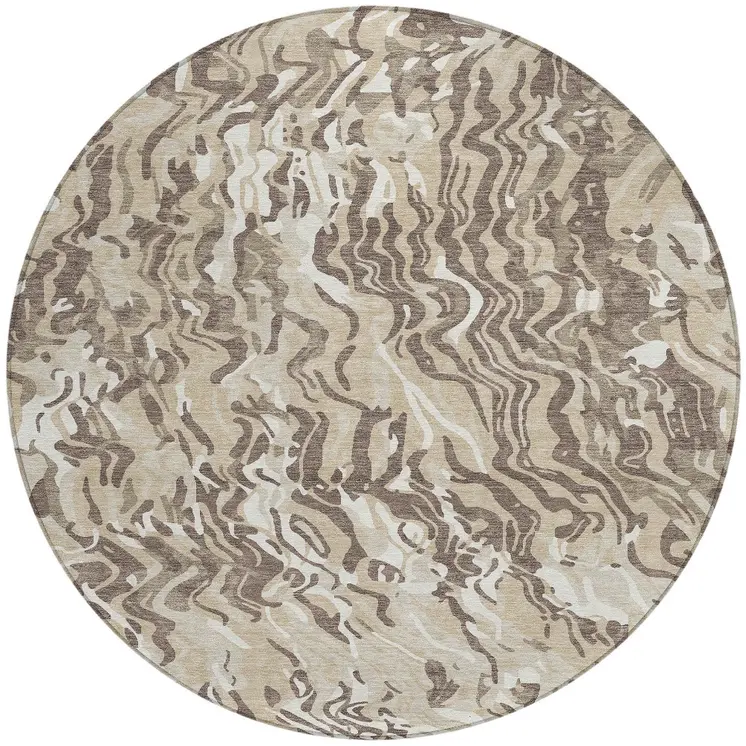8' Beige Brown And Ivory Round Abstract Washable Indoor Outdoor Area Rug