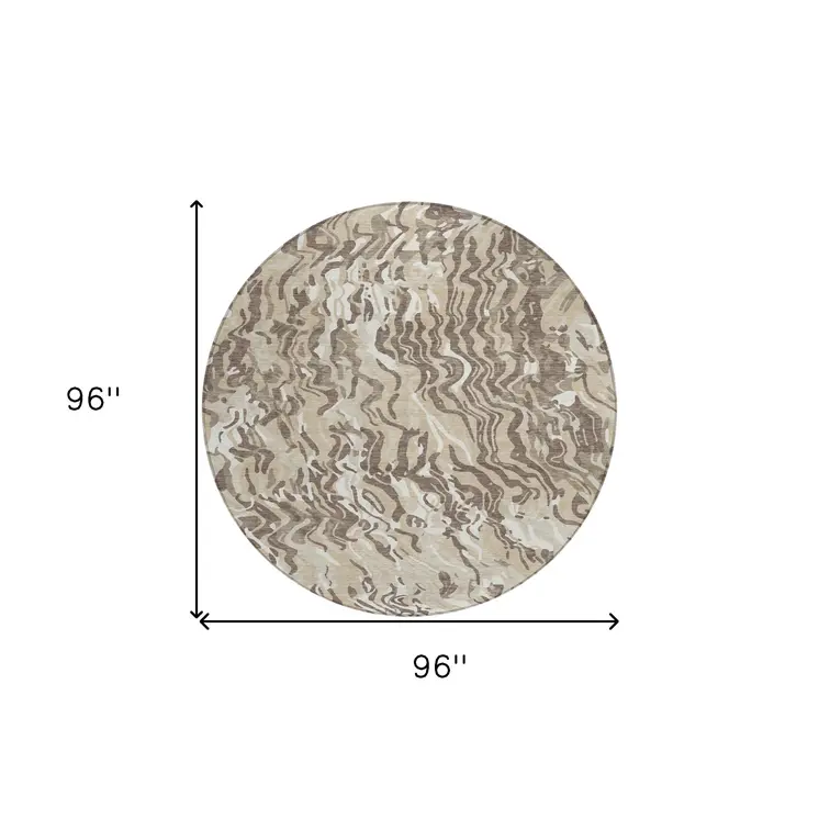 8' Beige Brown And Ivory Round Abstract Washable Indoor Outdoor Area Rug