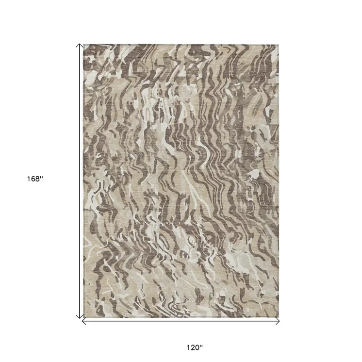 10' X 14' Beige Brown And Ivory Abstract Washable Indoor Outdoor Area Rug
