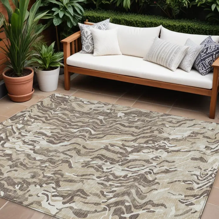 10' X 14' Beige Brown And Ivory Abstract Washable Indoor Outdoor Area Rug