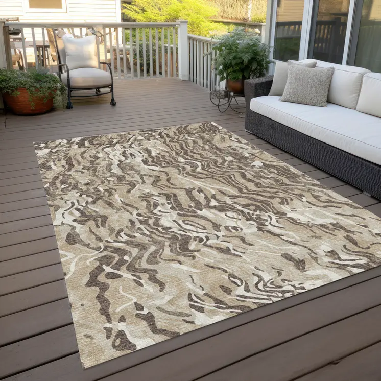 10' X 14' Beige Brown And Ivory Abstract Washable Indoor Outdoor Area Rug