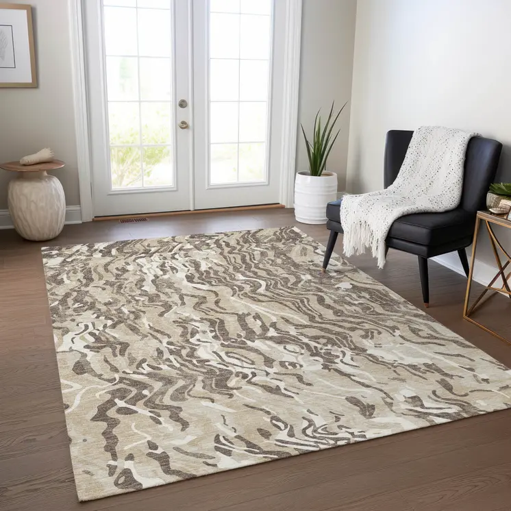 10' X 14' Beige Brown And Ivory Abstract Washable Indoor Outdoor Area Rug