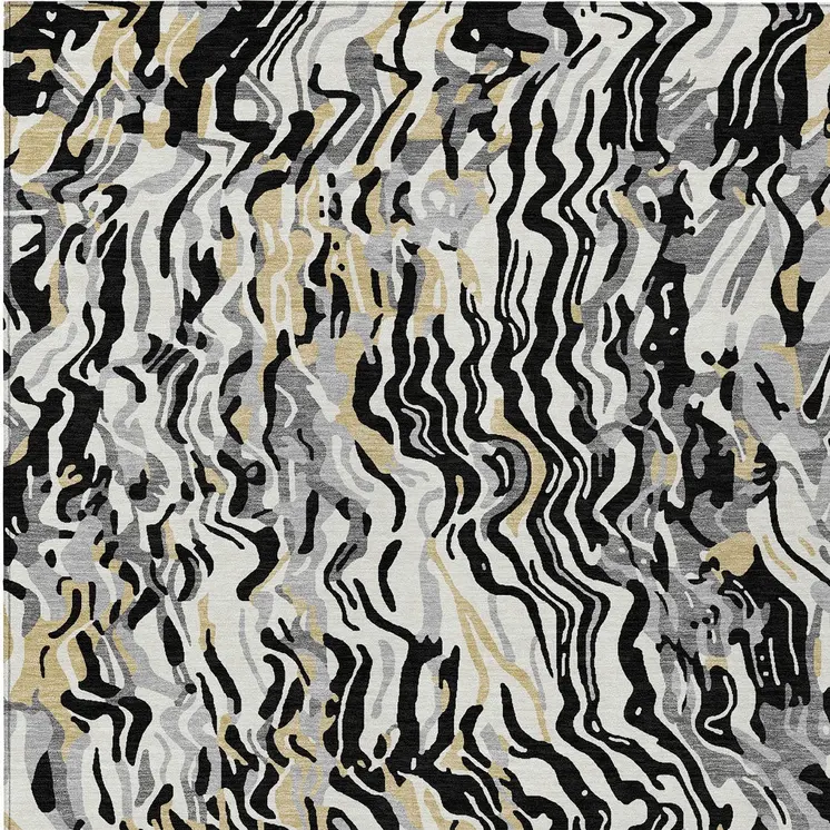 3' X 5' Black Gray And Ivory Abstract Washable Indoor Outdoor Area Rug