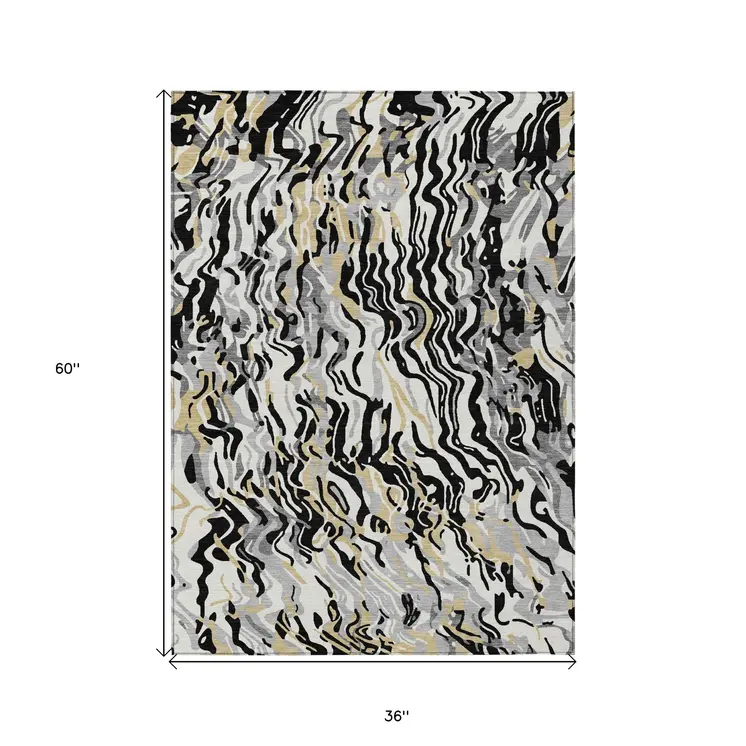 3' X 5' Black Gray And Ivory Abstract Washable Indoor Outdoor Area Rug