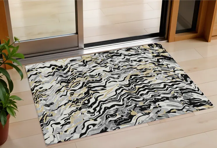 3' X 5' Black Gray And Ivory Abstract Washable Indoor Outdoor Area Rug