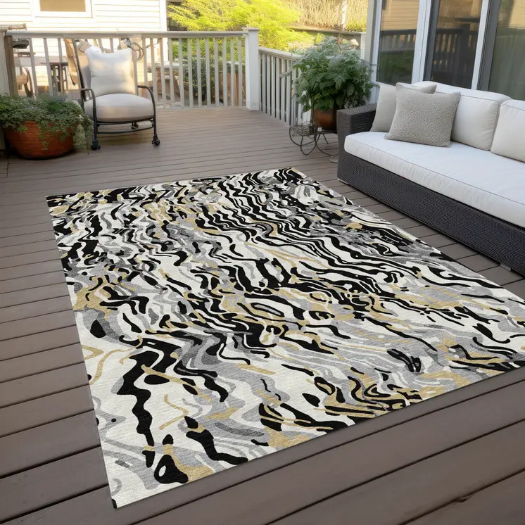 3' X 5' Black Gray And Ivory Abstract Washable Indoor Outdoor Area Rug