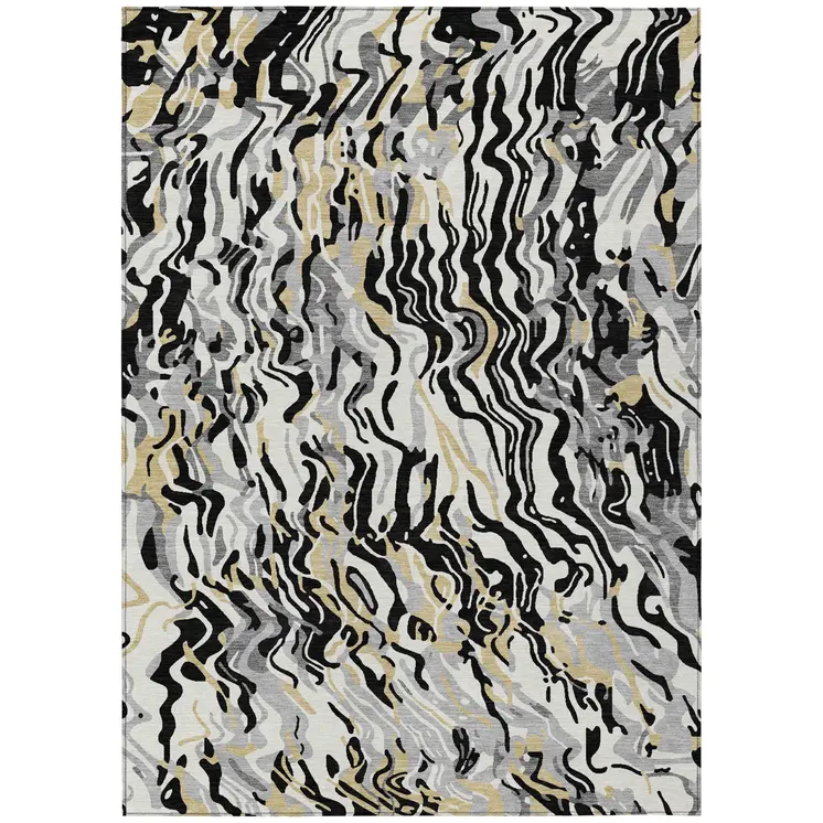 3' X 5' Black Gray And Ivory Abstract Washable Indoor Outdoor Area Rug