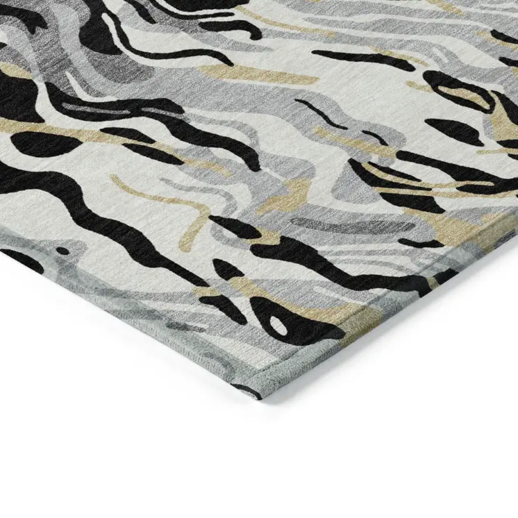 3' X 5' Black Gray And Ivory Abstract Washable Indoor Outdoor Area Rug