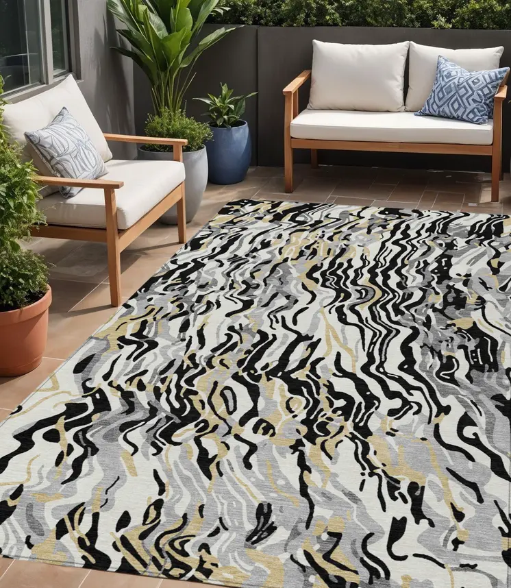 5' X 8' Black Gray And Ivory Abstract Washable Indoor Outdoor Area Rug