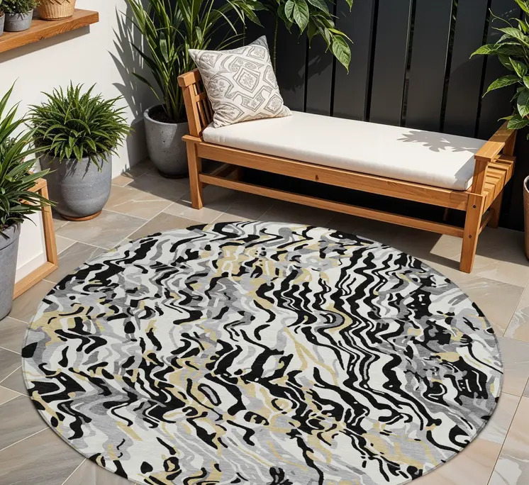 8' Black Gray And Ivory Round Abstract Washable Indoor Outdoor Area Rug