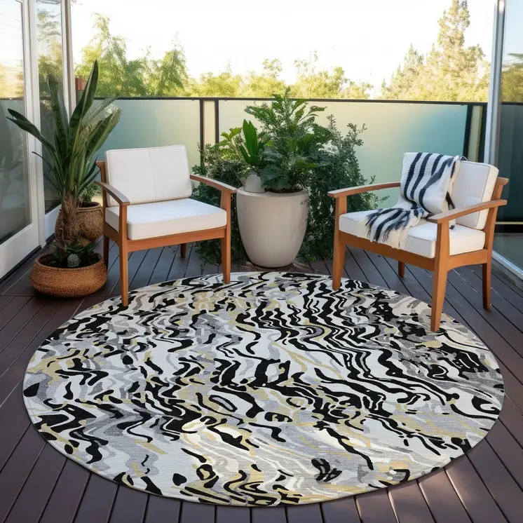 8' Black Gray And Ivory Round Abstract Washable Indoor Outdoor Area Rug