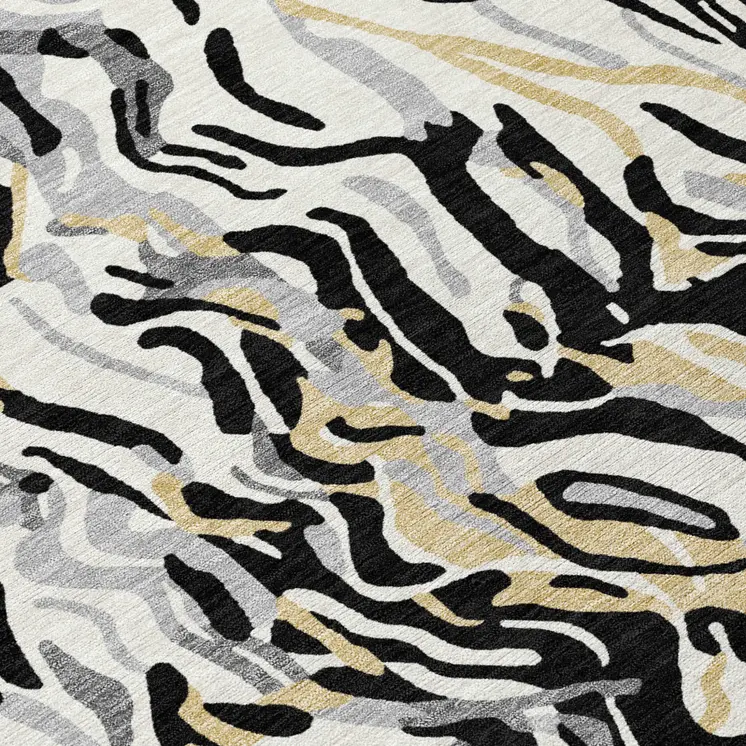 8' Black Gray And Ivory Round Abstract Washable Indoor Outdoor Area Rug
