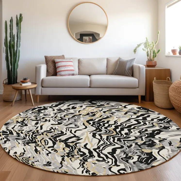8' Black Gray And Ivory Round Abstract Washable Indoor Outdoor Area Rug