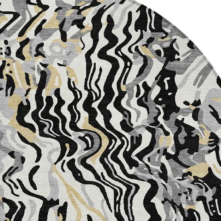 8' Black Gray And Ivory Round Abstract Washable Indoor Outdoor Area Rug