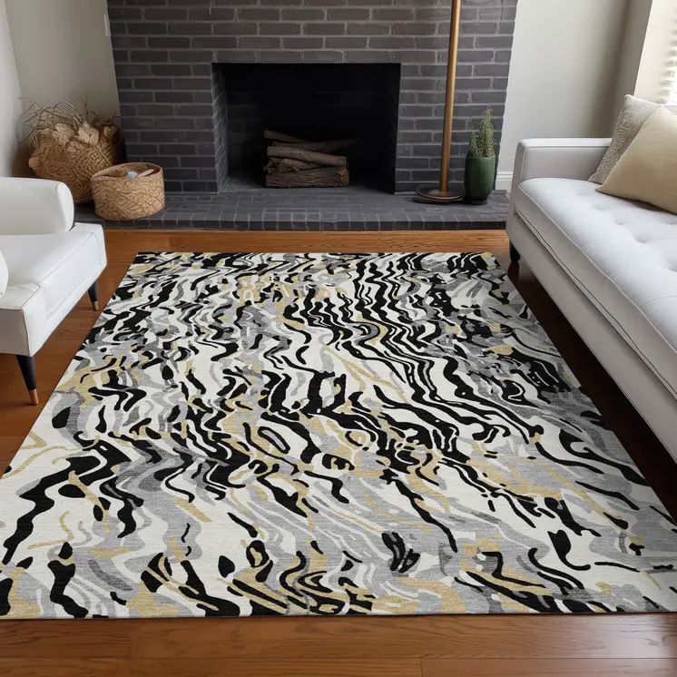 8' X 10' Black Gray And Ivory Abstract Washable Indoor Outdoor Area Rug