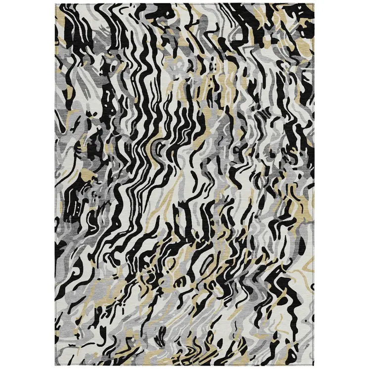 10' X 14' Black Gray And Ivory Abstract Washable Indoor Outdoor Area Rug