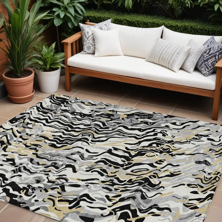10' X 14' Black Gray And Ivory Abstract Washable Indoor Outdoor Area Rug