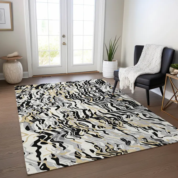 10' X 14' Black Gray And Ivory Abstract Washable Indoor Outdoor Area Rug