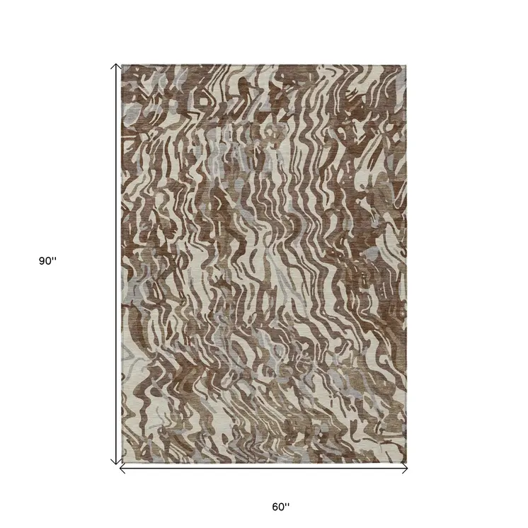 5' X 8' Brown Beige And Gray Abstract Washable Indoor Outdoor Area Rug