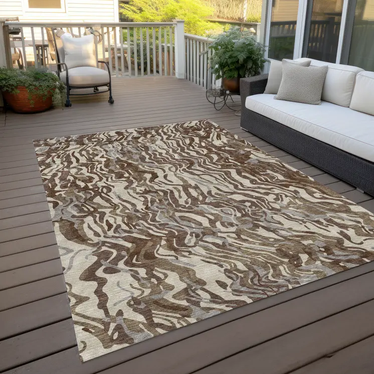 5' X 8' Brown Beige And Gray Abstract Washable Indoor Outdoor Area Rug