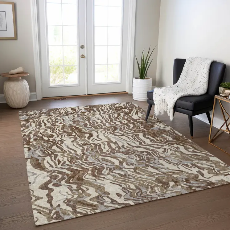 5' X 8' Brown Beige And Gray Abstract Washable Indoor Outdoor Area Rug