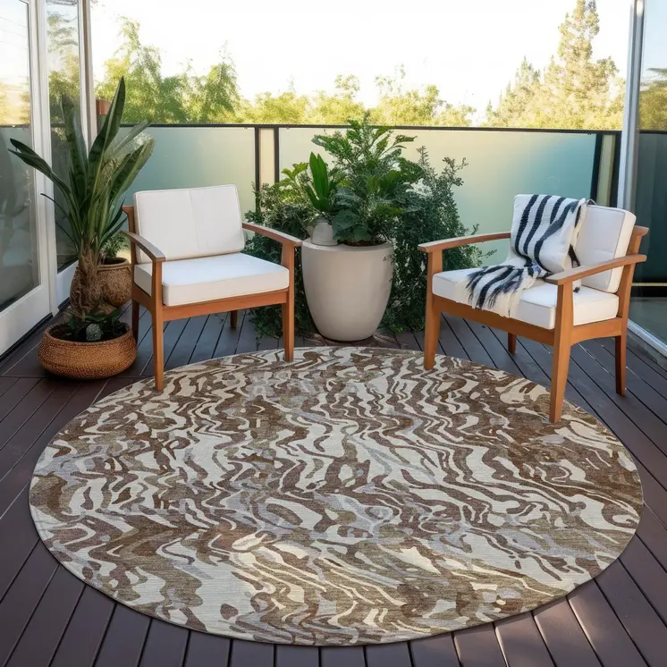 8' Brown Beige And Gray Round Abstract Washable Indoor Outdoor Area Rug