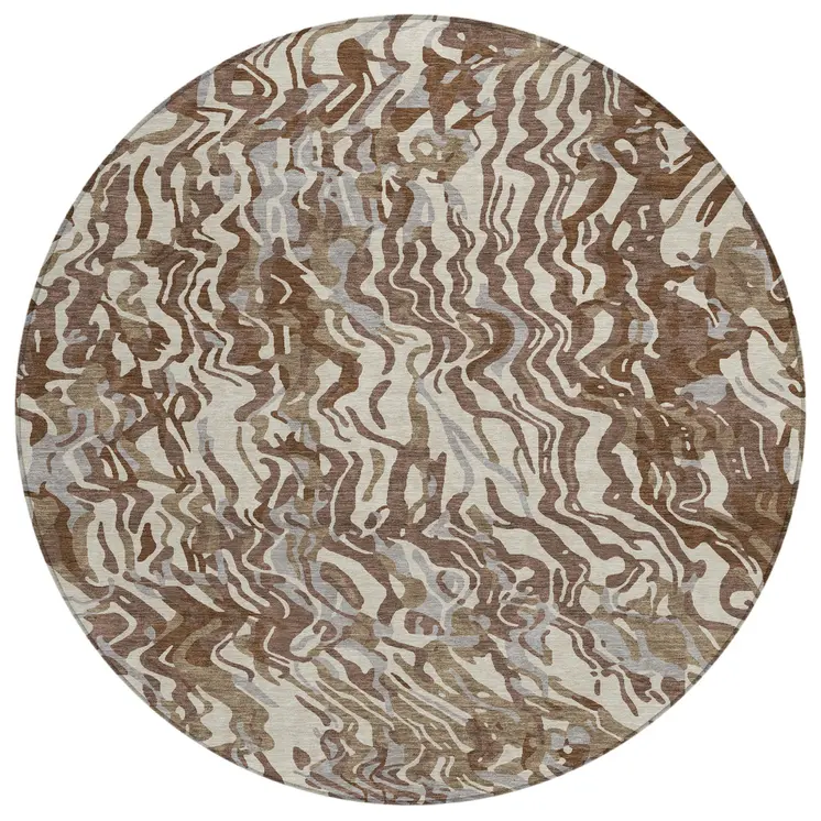 8' Brown Beige And Gray Round Abstract Washable Indoor Outdoor Area Rug