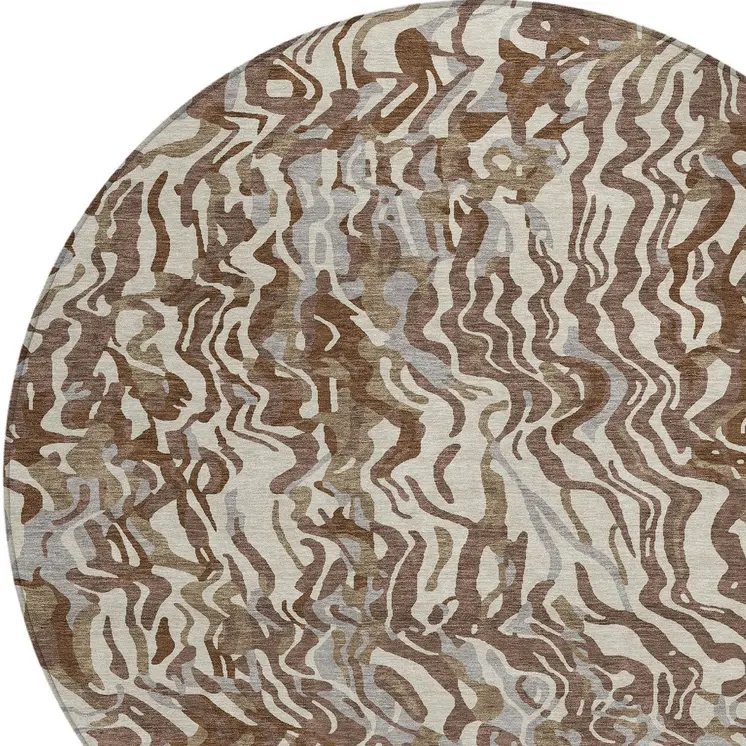 8' Brown Beige And Gray Round Abstract Washable Indoor Outdoor Area Rug