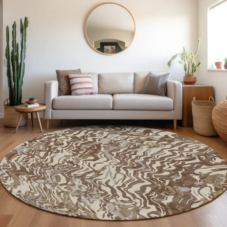 8' Brown Beige And Gray Round Abstract Washable Indoor Outdoor Area Rug