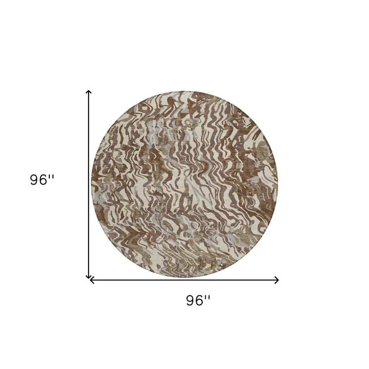8' Brown Beige And Gray Round Abstract Washable Indoor Outdoor Area Rug
