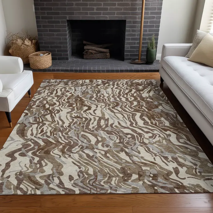 8' X 10' Brown Beige And Gray Abstract Washable Indoor Outdoor Area Rug