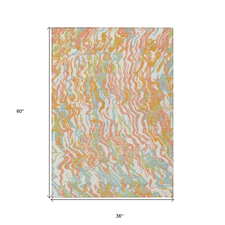 3' X 5' Coral Green And Copper Abstract Washable Indoor Outdoor Area Rug